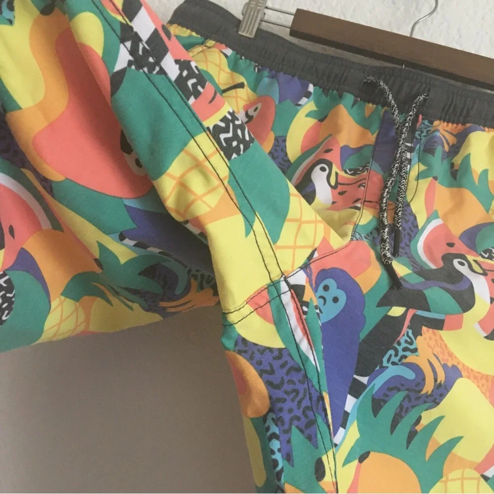 Neff Rainbow Jungle Tropical Toucan Parrot Monkey Fruit Swim Shorts XL